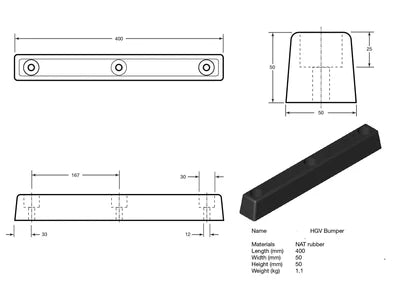 Rectangular HGV Bumper - 405 x 50 x 50mm
