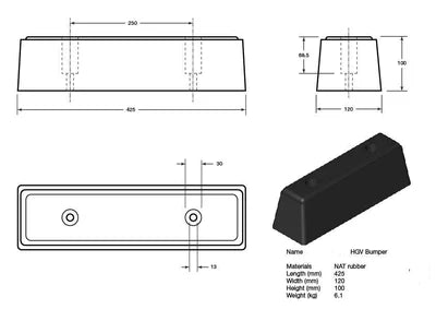 Rectangular Rubber HGV Bumper - 425 x 120 x 100mm