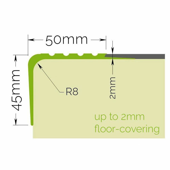 Stair Anti-Slip Nosing Rubber Edge 50mm x 45mm – High-Quality PVC, Grooved for Safety, Easy Clean, Flexible, For Carpet Up to 2.5mm, Contact Adhesive