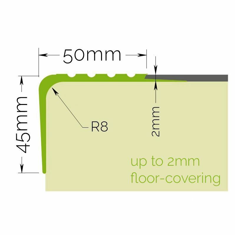 Stair Anti-Slip Nosing Rubber Edge 50mm x 45mm – High-Quality PVC, Grooved for Safety, Easy Clean, Flexible, For Carpet Up to 2.5mm, Contact Adhesive