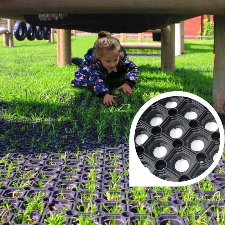 Rubber Grass Mats for Playgrounds, Tested to EN1177, 25mm Holes, Weather Resistant, 16mm & 23mm Thickness, Eco-Friendly, Non-Slip, Erosion Protection.