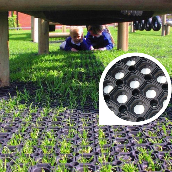 Rubber Grass Mats for Playgrounds, Tested to EN1177, 25mm Holes, Weather Resistant, 16mm & 23mm Thickness, Eco-Friendly, Non-Slip, Erosion Protection.
