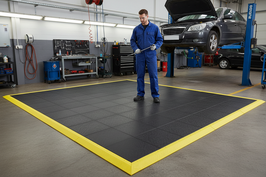 Anti-Fatigue Workshop Mat Tiles with Complete Yellow Bevelled Edge System