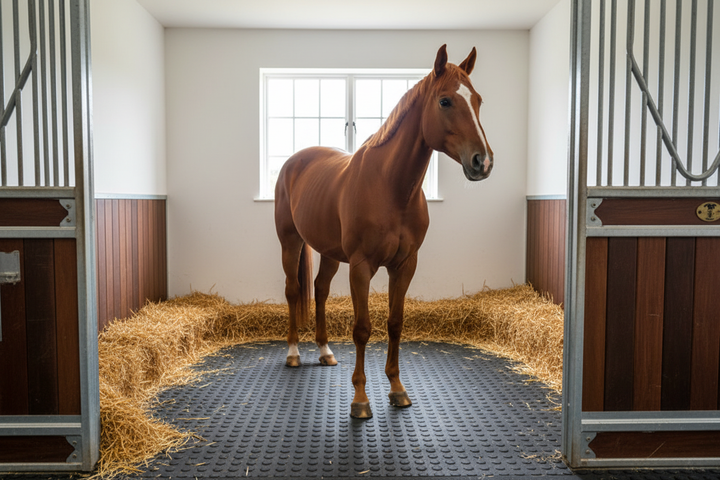 Horse in Stable with Mat