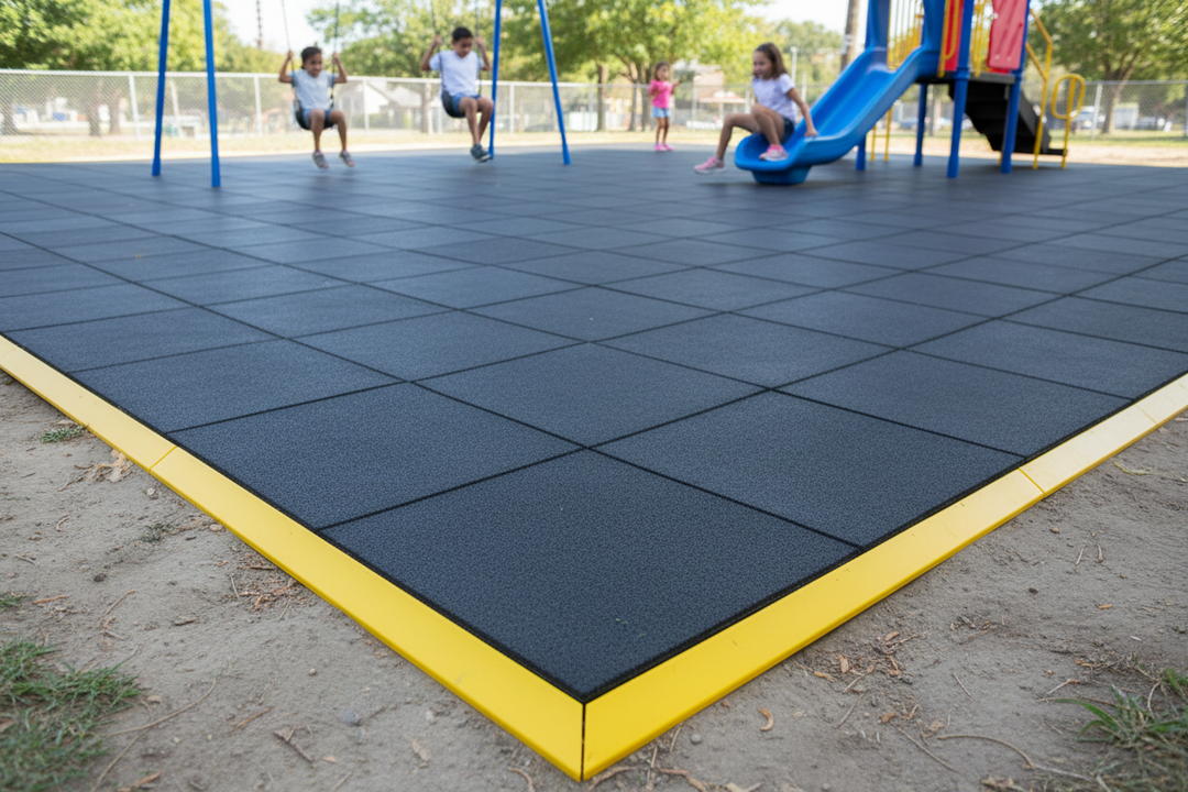 Interlocking Playground Tiles with Very Thin Bevelled Yellow Edges